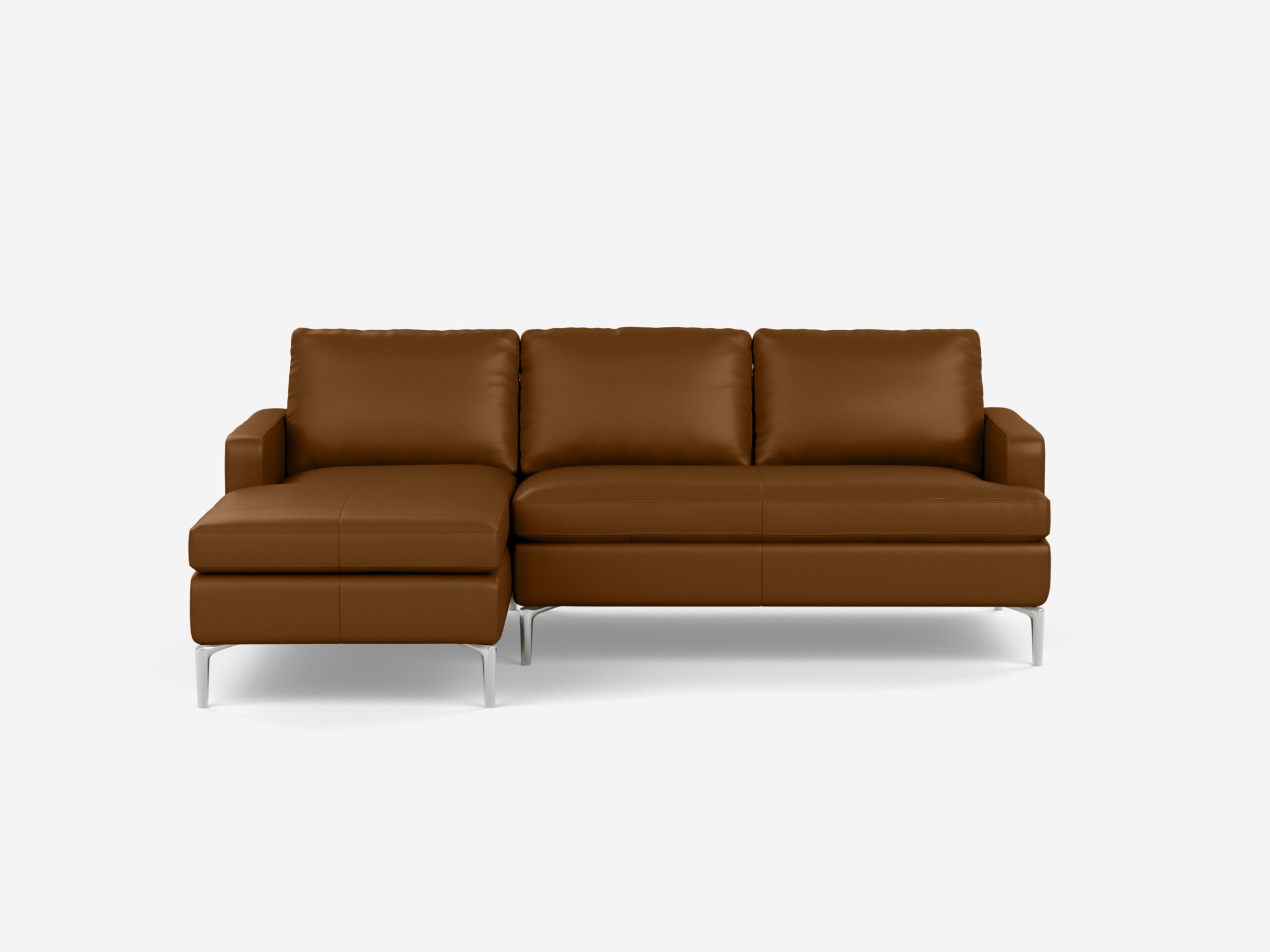 Front view of the Eve mid century sectional in brown leather with left chaise